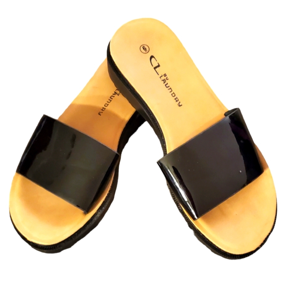 CL By Laundry Black Patent Leather Womens Slides Slip On's‎ Size 6 SML-014